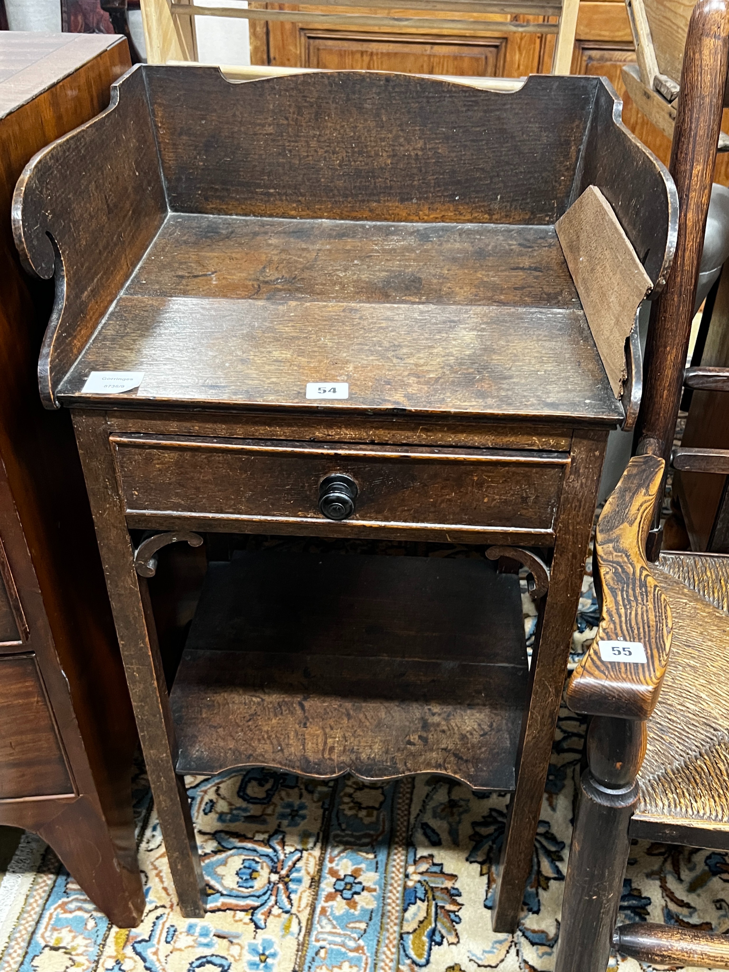 A George III provincial oak two tier washstand, width 47cm, depth 38cm, height 88cm